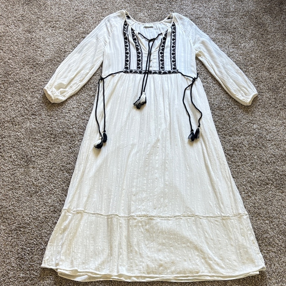 Embroidered Ivory Boho Maxi Western Style Dress Cotton Size L